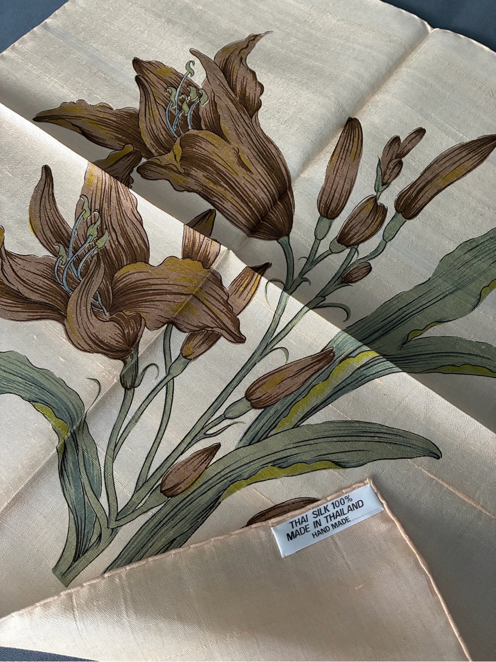 Handmade 100% Thai Silk Scarf with Brown & Green Lily Motif